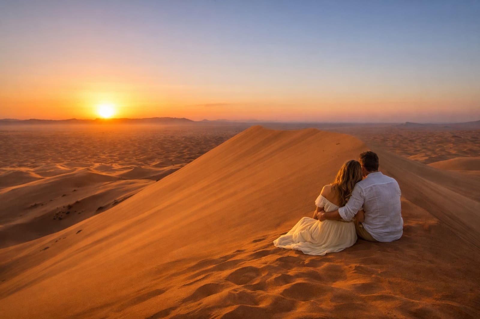 Casal sentado no alto de uma duna vendo o pôr do sol no deserto do Saara